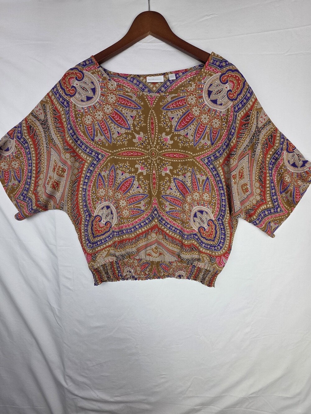 Bohemian Sheer Blouse M Relaxed Banded Hem Kimono Sleeves Boho Chic Boxy Gold